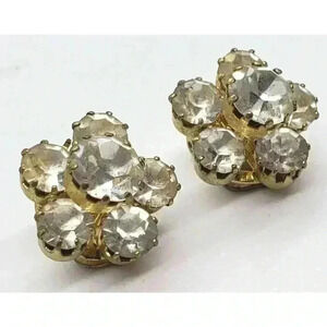 Vintage Earrings Clear Rhinestone Gold Clip Prong Set Austria Statement Bride